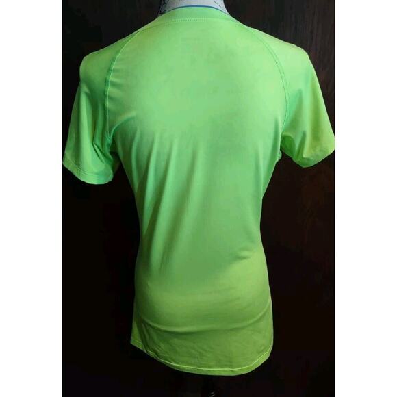 Nike Pro Womens Medium Compression Dri Fit Neon Green V-Neck Longer Length Shirt - Picture 3 of 6